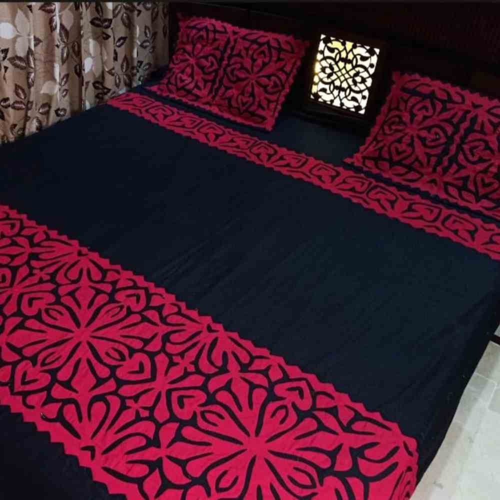 Handmade Applique Bedsheet – Black and Red 